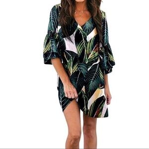 Palm leaf bell sleeved dress